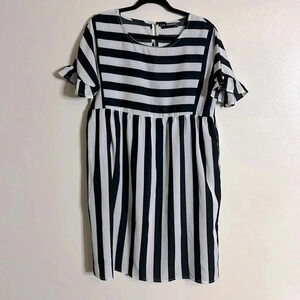 Oversized Black & White Striped Baby Doll Dress w/ Flounce Sleeves Women Size L
